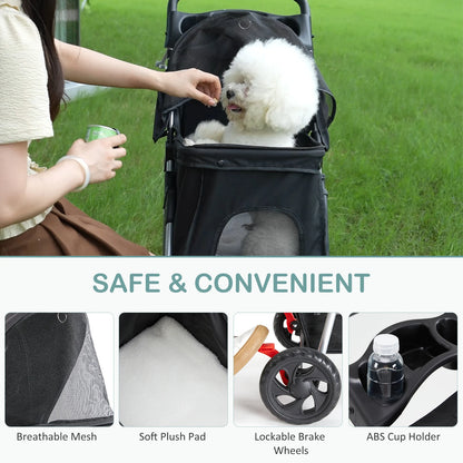 JHK 3-Wheel Foldable Pet Stroller for Small Dogs & Cats – Mesh Windows, Storage Basket & Cup Holder