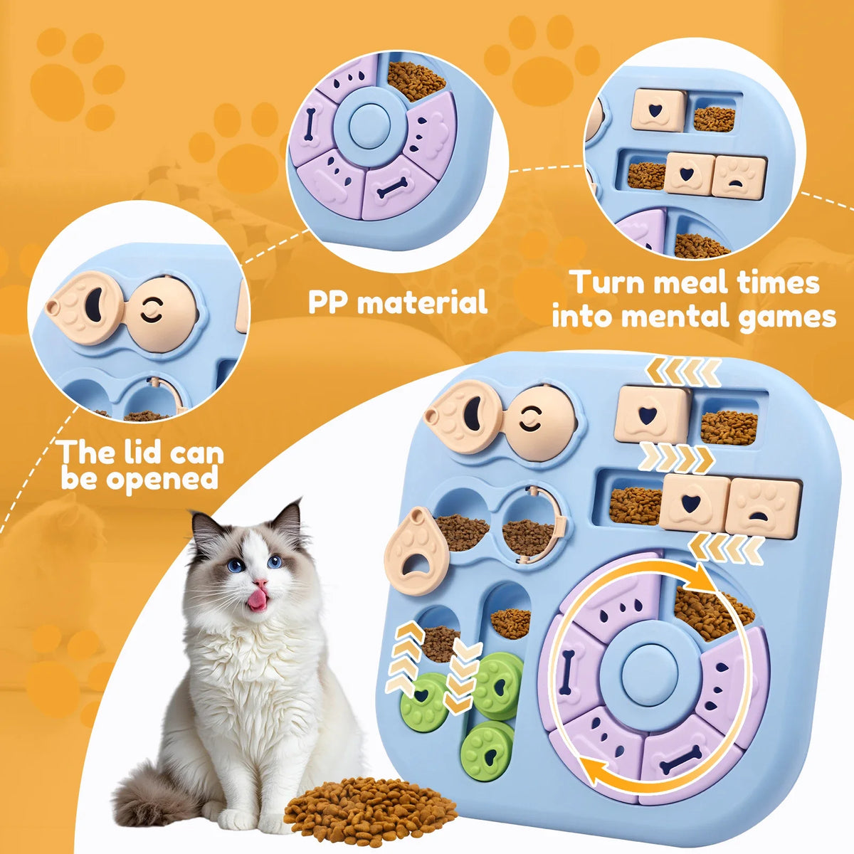 Cat puzzle feeder toy with sliding lids and rotating compartments for dry food