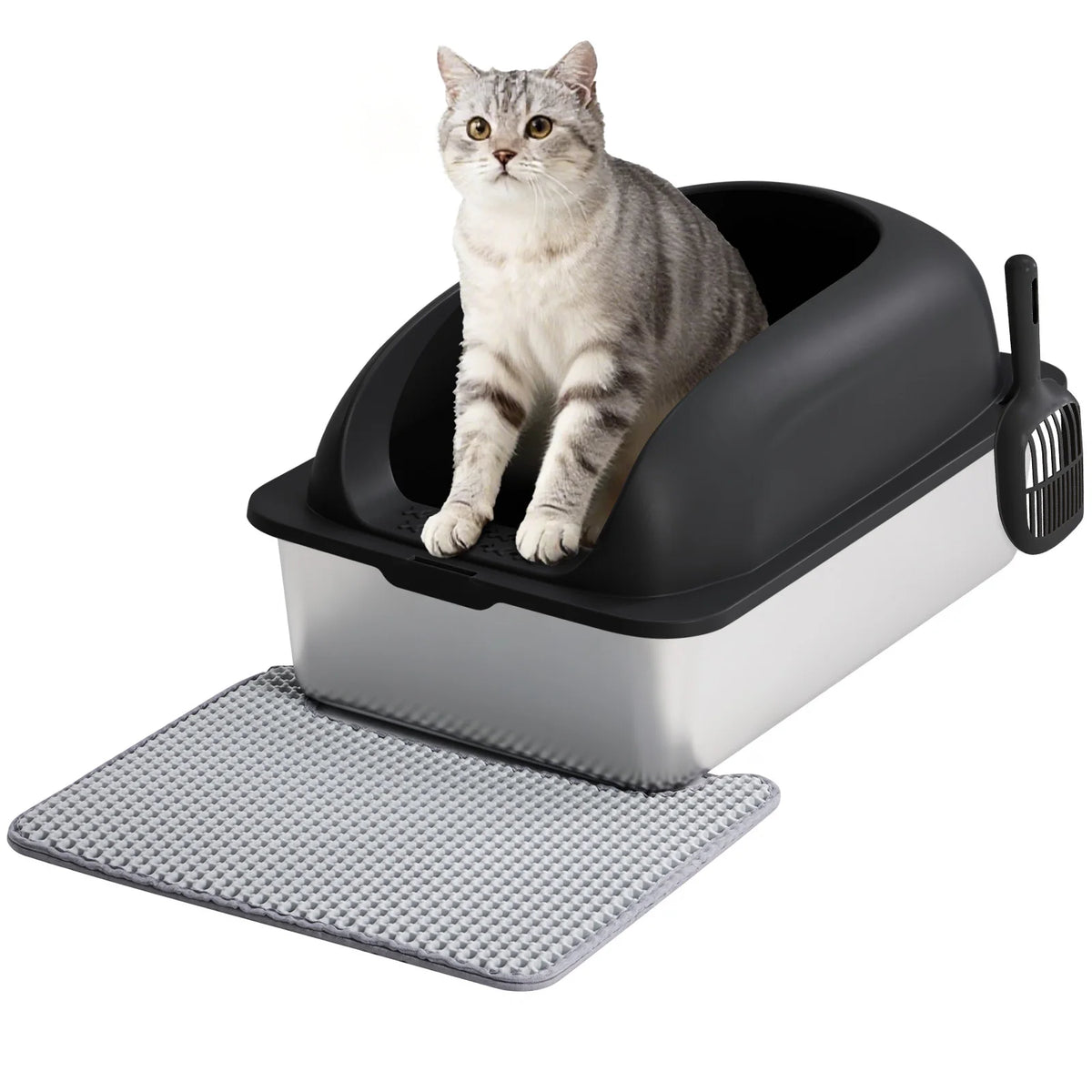 JHK 24-Inch Large Stainless Steel Cat Litter Box with Lid, Leak-Resistant Design, Scoop & Mat for Large Cats