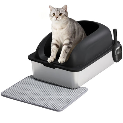 JHK 24-Inch Large Stainless Steel Cat Litter Box with Lid, Leak-Resistant Design, Scoop & Mat for Large Cats