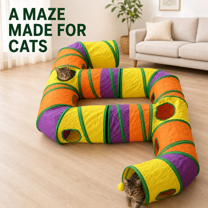 Zoe Extra-Long Cat Play Tunnel Maze – Foldable Double E-Shaped Design with Peek Holes, Pom-Poms & Interactive Toys
