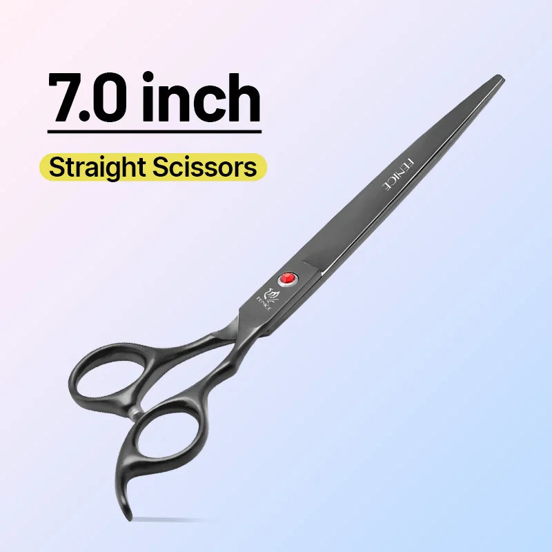 Fenice 7 inch straight grooming scissors with black finish and red jewel pivot screw