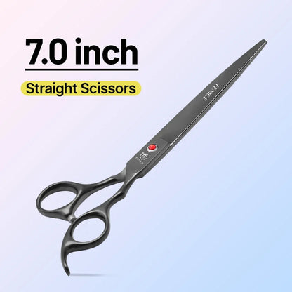 Fenice 7 inch straight grooming scissors with black finish and red jewel pivot screw