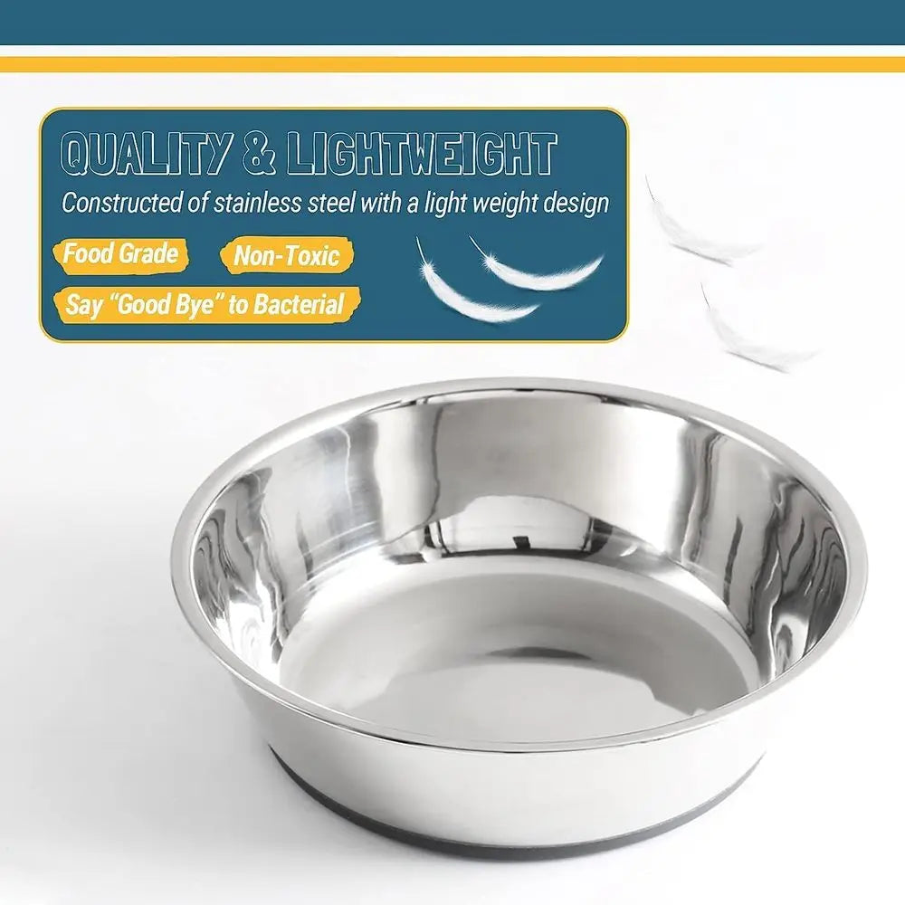 Stainless steel pet bowl with text overlay highlighting food grade and non toxic material properties