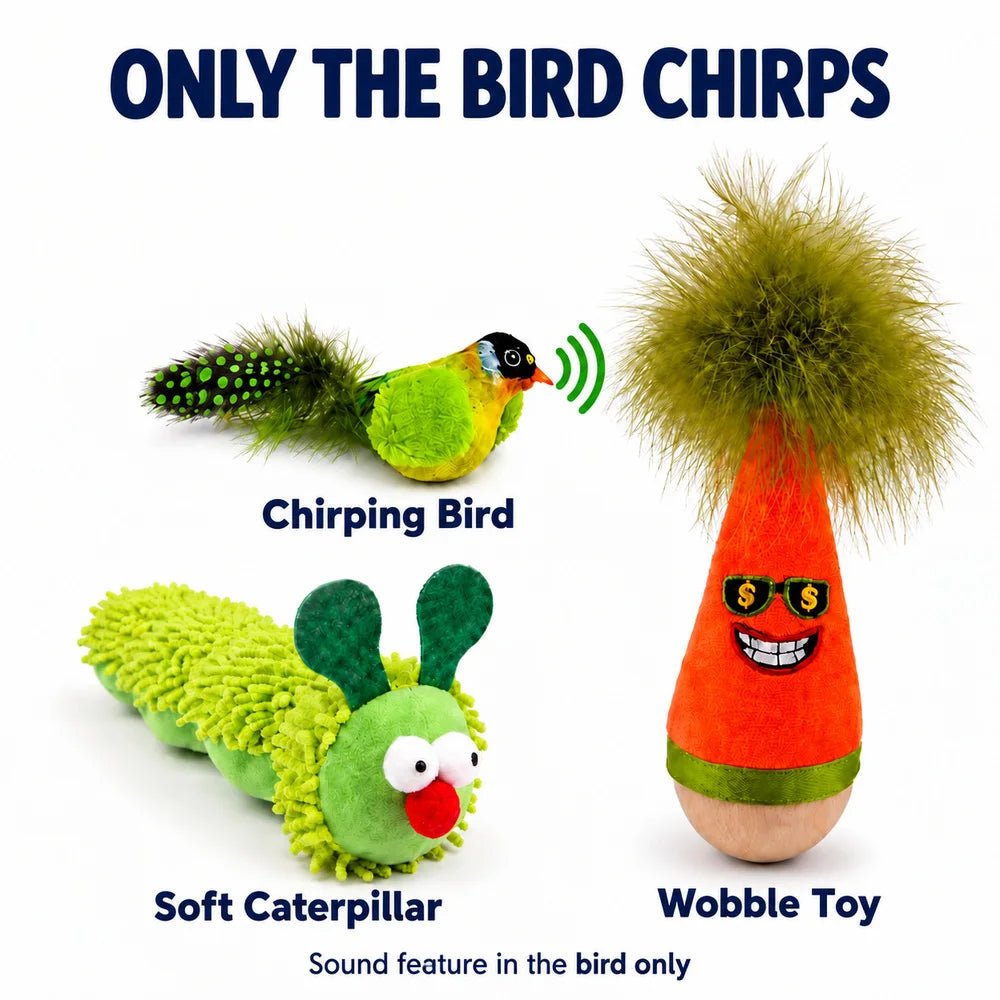 Zoe Interactive Cat Toy Set – Wobble Toy, Soft Caterpillar & Chirping Bird for Indoor Cats