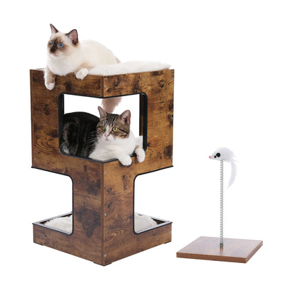 Modern Wooden Cat Condo & Activity Tower with Cozy Hideaway, Removable Soft Mats & Scratching Pad for Indoor Cats and Kittens