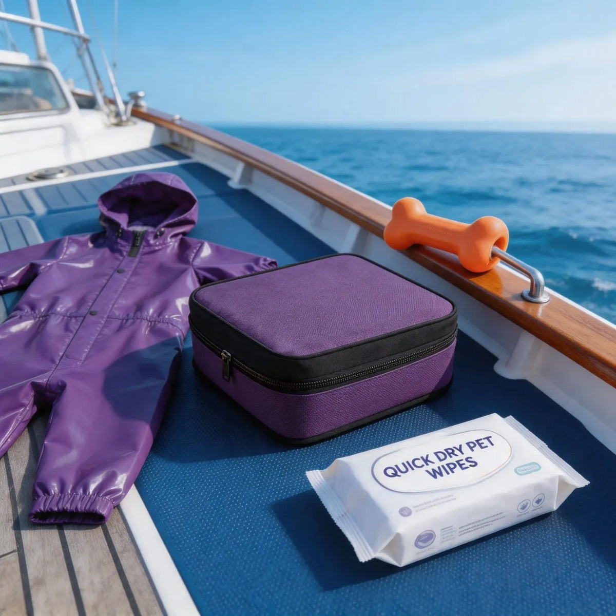 Quick dry pet wipes pack with purple rain suit and orange toy on boat deck