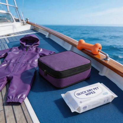 Quick dry pet wipes pack with purple rain suit and orange toy on boat deck