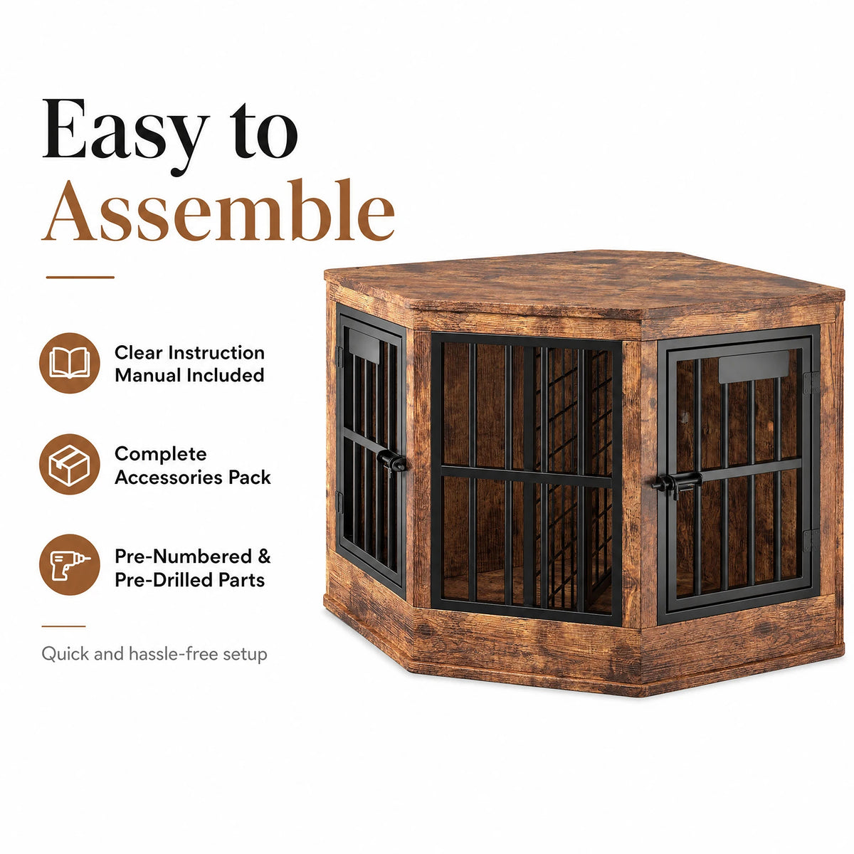 Modern Corner Dog Crate Furniture & TV Stand – Indoor Wooden Dog Kennel for Medium & Large Dogs, Brown