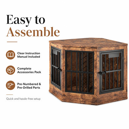 Modern Corner Dog Crate Furniture & TV Stand – Indoor Wooden Dog Kennel for Medium & Large Dogs, Brown