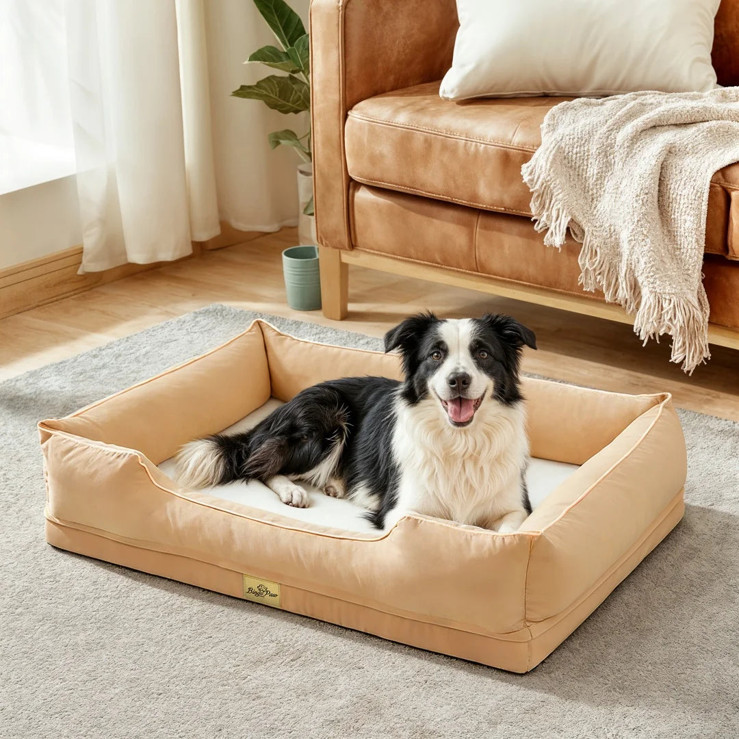 "Black and white dog resting in a beige rectangular pet sofa bed with raised sides."