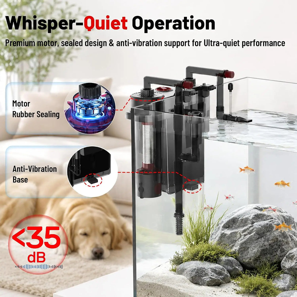 Quiet Hang-On-Back Aquarium Filter with Waste Separation, One-Touch Drainage & Easy Water Changes – 118 GPH for 10–30 Gallon Fish Tanks