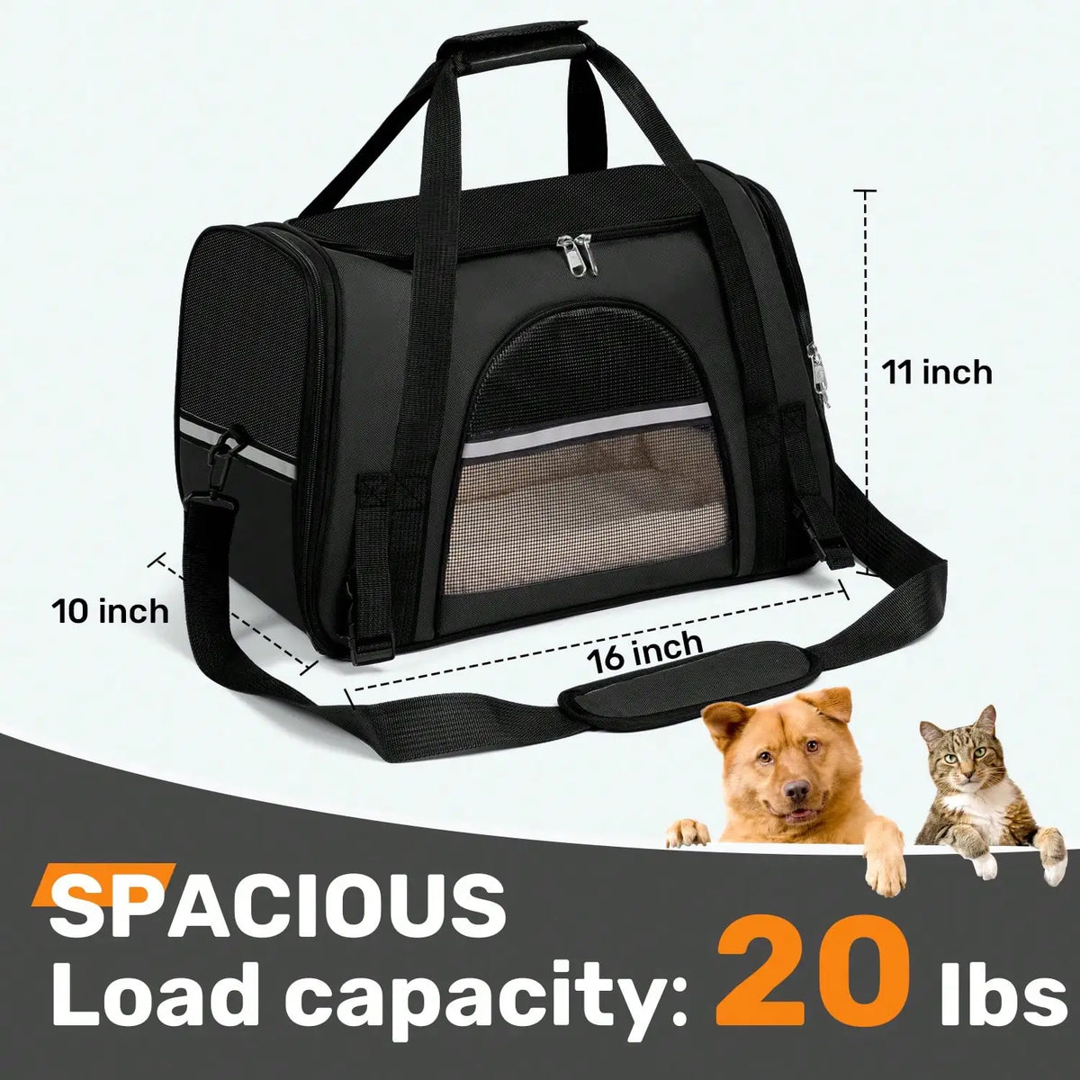 Black pet carrier with 16 by 10 by 11 inch dimensions and 20 pound load capacity