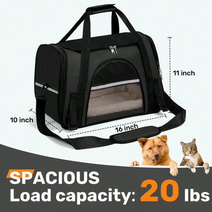 Black pet carrier with 16 by 10 by 11 inch dimensions and 20 pound load capacity