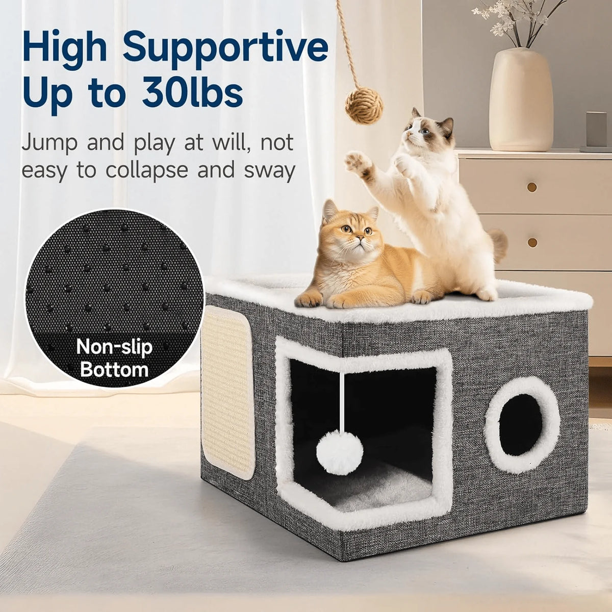 Cozy Foldable Indoor Cat House with Soft Reversible Cushion, Hanging Play Balls & Peekaboo Windows – Supports Up to 30 lbs