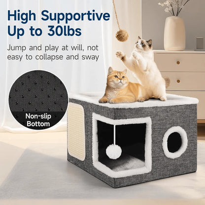 Cozy Foldable Indoor Cat House with Soft Reversible Cushion, Hanging Play Balls & Peekaboo Windows – Supports Up to 30 lbs