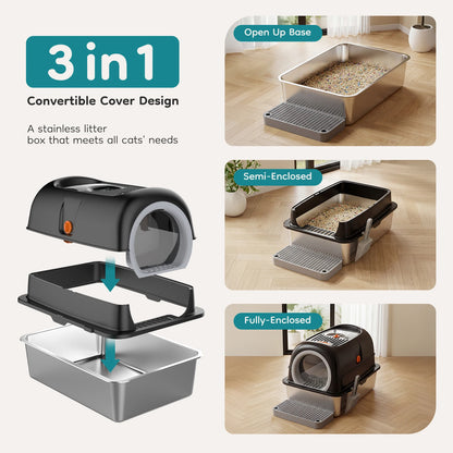 24-Inch Extra-Large Stainless Steel Enclosed Cat Litter Box with Scoop & Mat – 30L Capacity