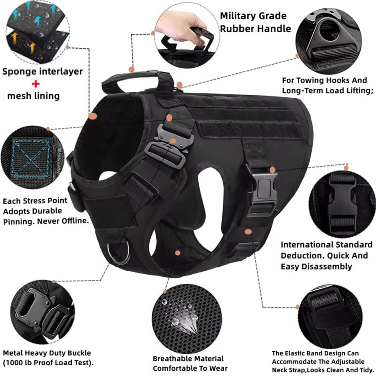 Black tactical dog harness with labeled features including rubber handle, metal buckles, and breathable mesh lining