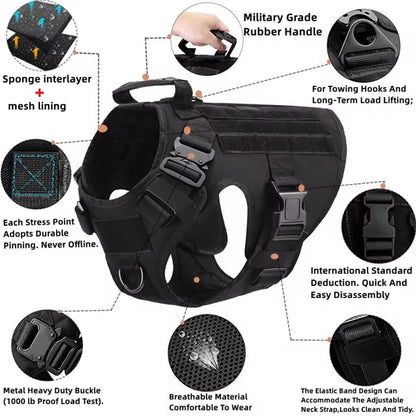 Black tactical dog harness with labeled features including rubber handle, metal buckles, and breathable mesh lining