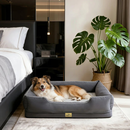 Dog lying on a grey rectangular bolster dog sofa bed with a removable washable cover