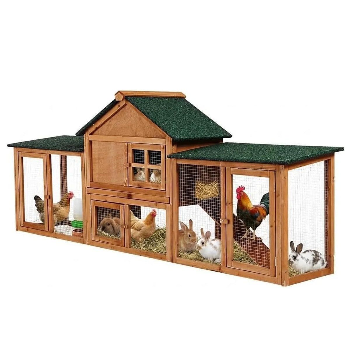 2-Story Outdoor Rabbit Hutch with Double Exercise Runs, Ramp, Pull-Out Cleaning Tray & Roof for Bunnies and Small Pets