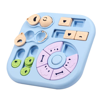 Interactive rotating dog puzzle and treat dispenser with sliding compartments