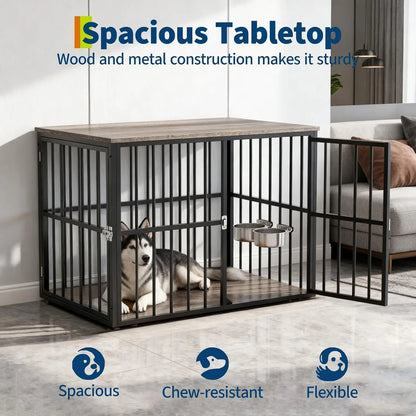 43-Inch Wooden Dog Crate Furniture with Double Doors, Removable Tray & Divider for Medium to Large Dogs