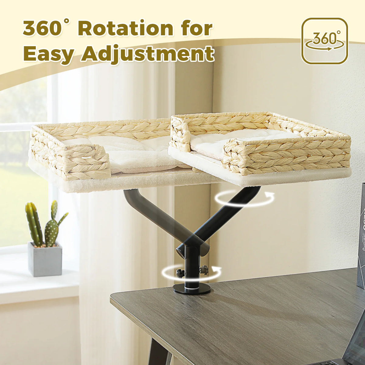 Woven cat bed on a 360 degree rotating desk mount