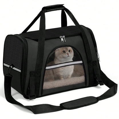 Cat sitting inside a black soft sided pet carrier with mesh windows and shoulder strap