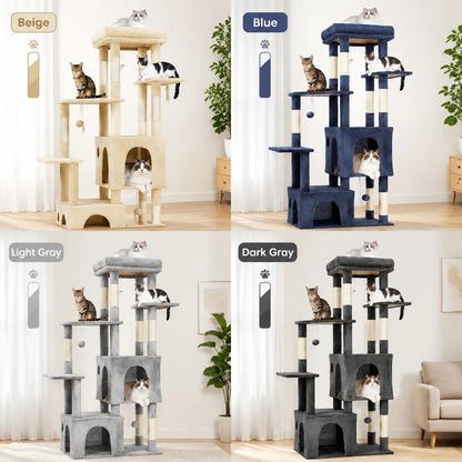 Four multi-level cat trees in beige blue light gray and dark gray with cats on each level