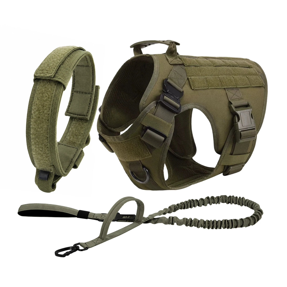 Olive green tactical dog harness collar and bungee leash set