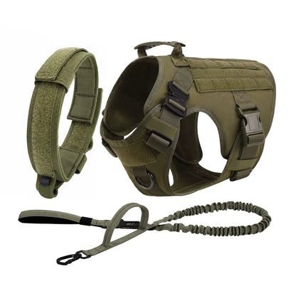 Olive green tactical dog harness collar and bungee leash set