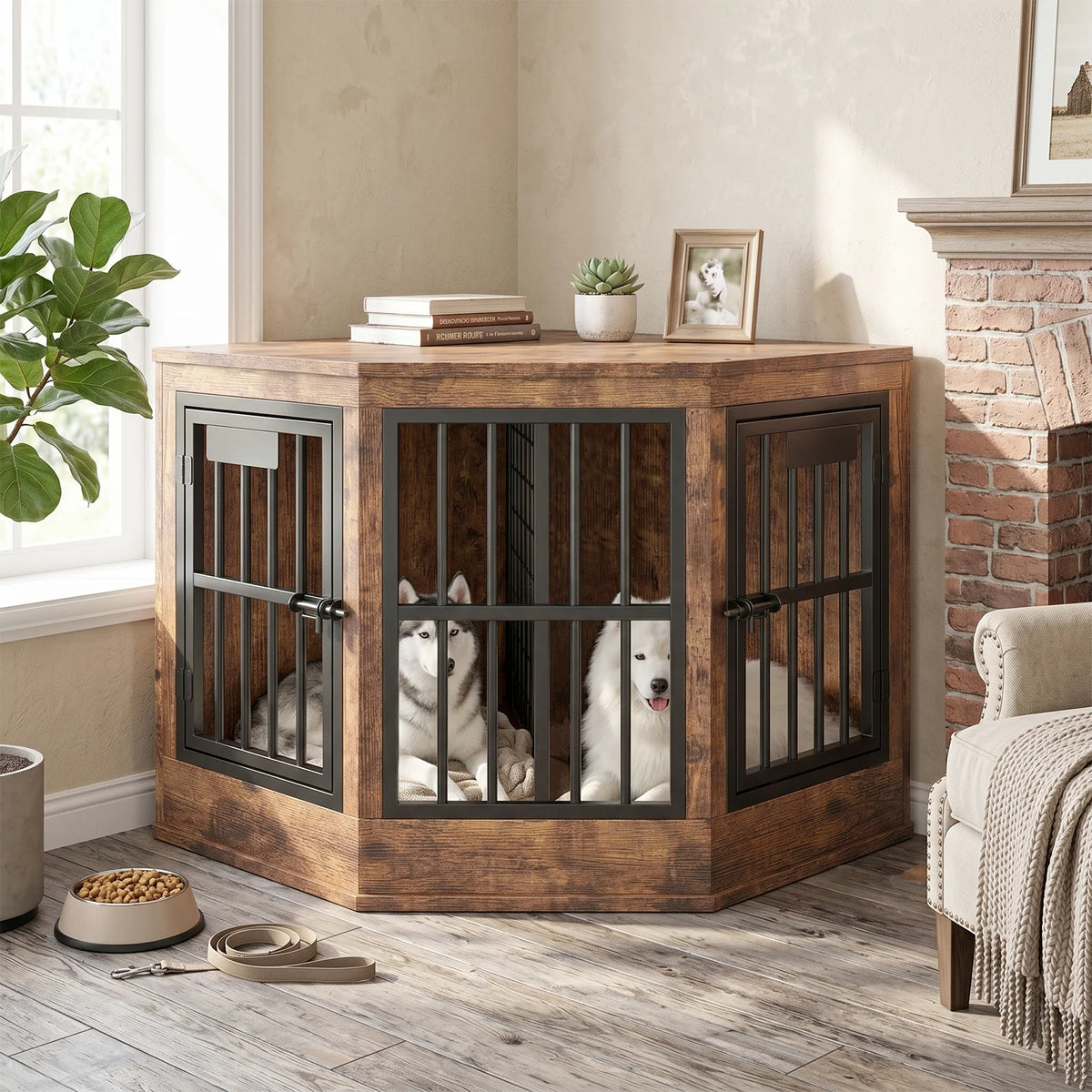 Modern Corner Dog Crate Furniture & TV Stand – Indoor Wooden Dog Kennel for Medium & Large Dogs, Brown
