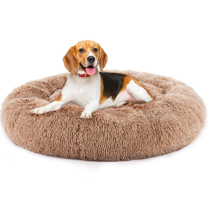 Calming Round Plush Dog Bed for Medium to Large Dogs with Anti-Slip Bottom & Washable Faux Fur Cover