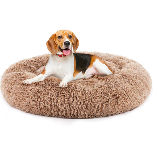 Calming Round Plush Dog Bed for Medium to Large Dogs with Anti-Slip Bottom & Washable Faux Fur Cover