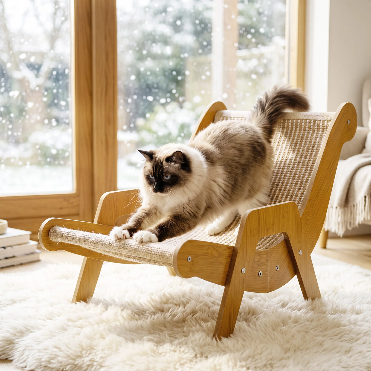 Ragdoll cat stretching on a wooden cat lounge chair with sisal scratching surface