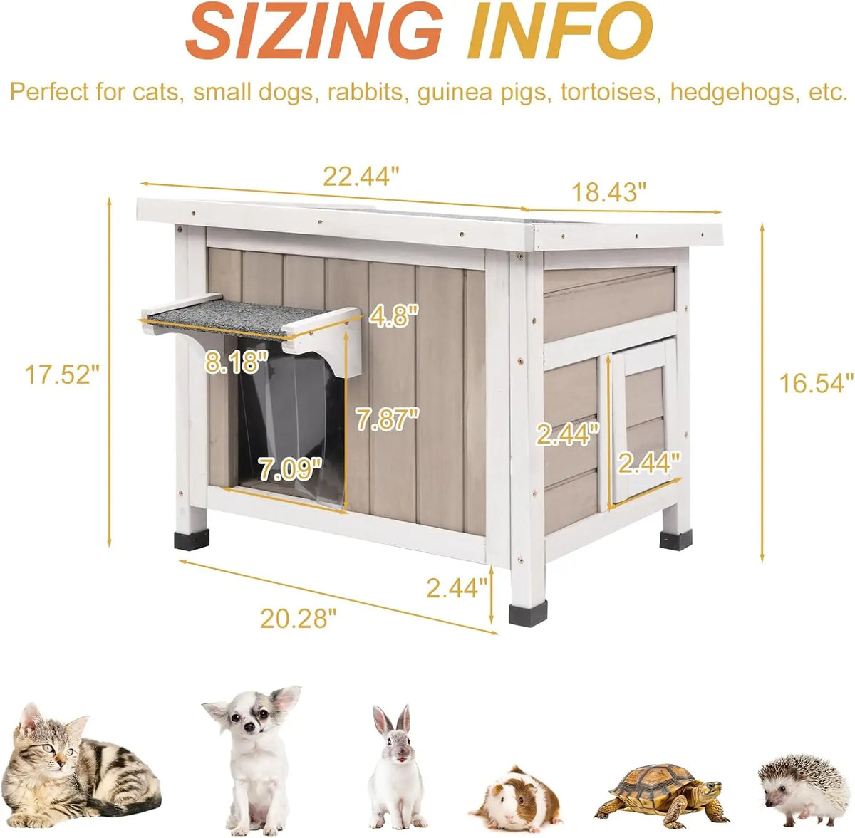 Diagram of pet house dimensions with measurements in inches and icons of various small animals
