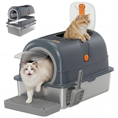 24-Inch Extra-Large Stainless Steel Enclosed Cat Litter Box with Scoop & Mat – 30L Capacity