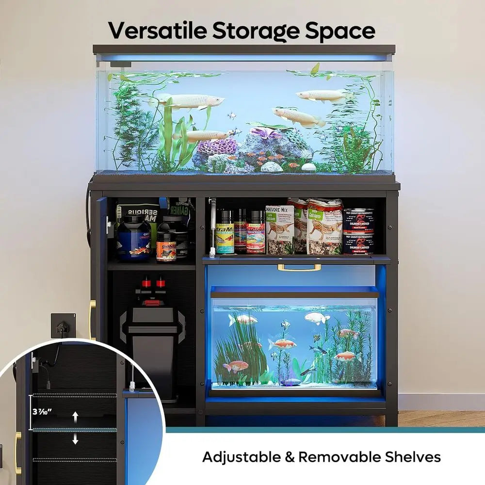 40-50 Gallon Aquarium Stand with Power Outlet showing storage shelves and internal lighting