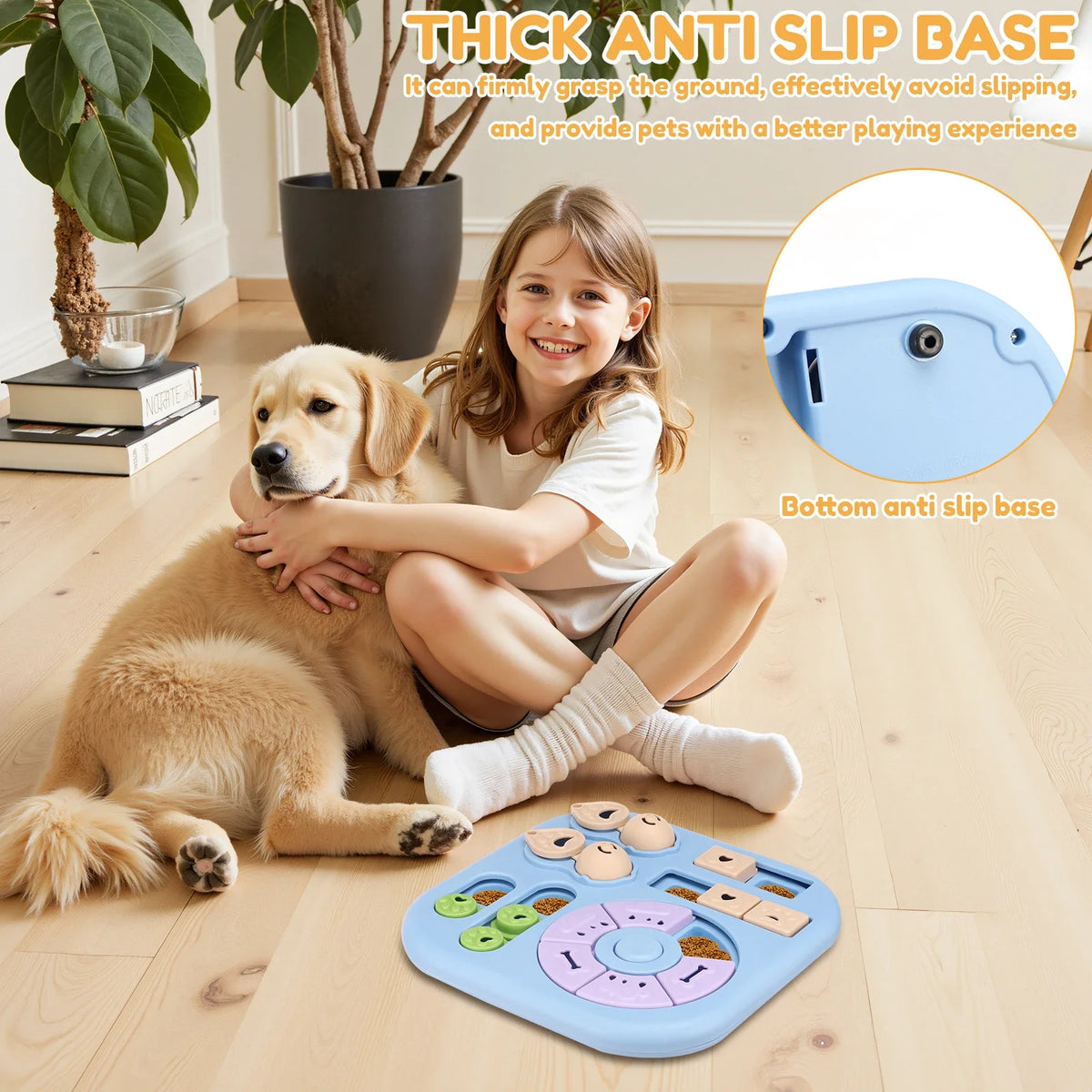 Girl hugging a golden retriever next to a blue pet puzzle toy with an anti slip base
