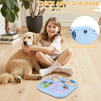 Girl hugging a golden retriever next to a blue pet puzzle toy with an anti slip base
