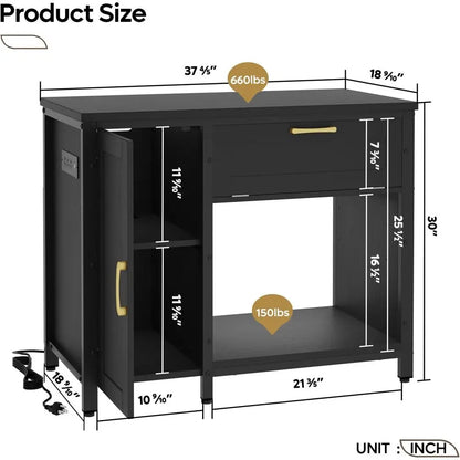 Dimension diagram of black cabinet with drawer and open shelf showing height width and depth in inches