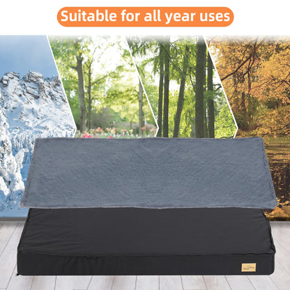 Pet bed with reversible grey plush and black fabric cover shown against seasonal landscape backgrounds