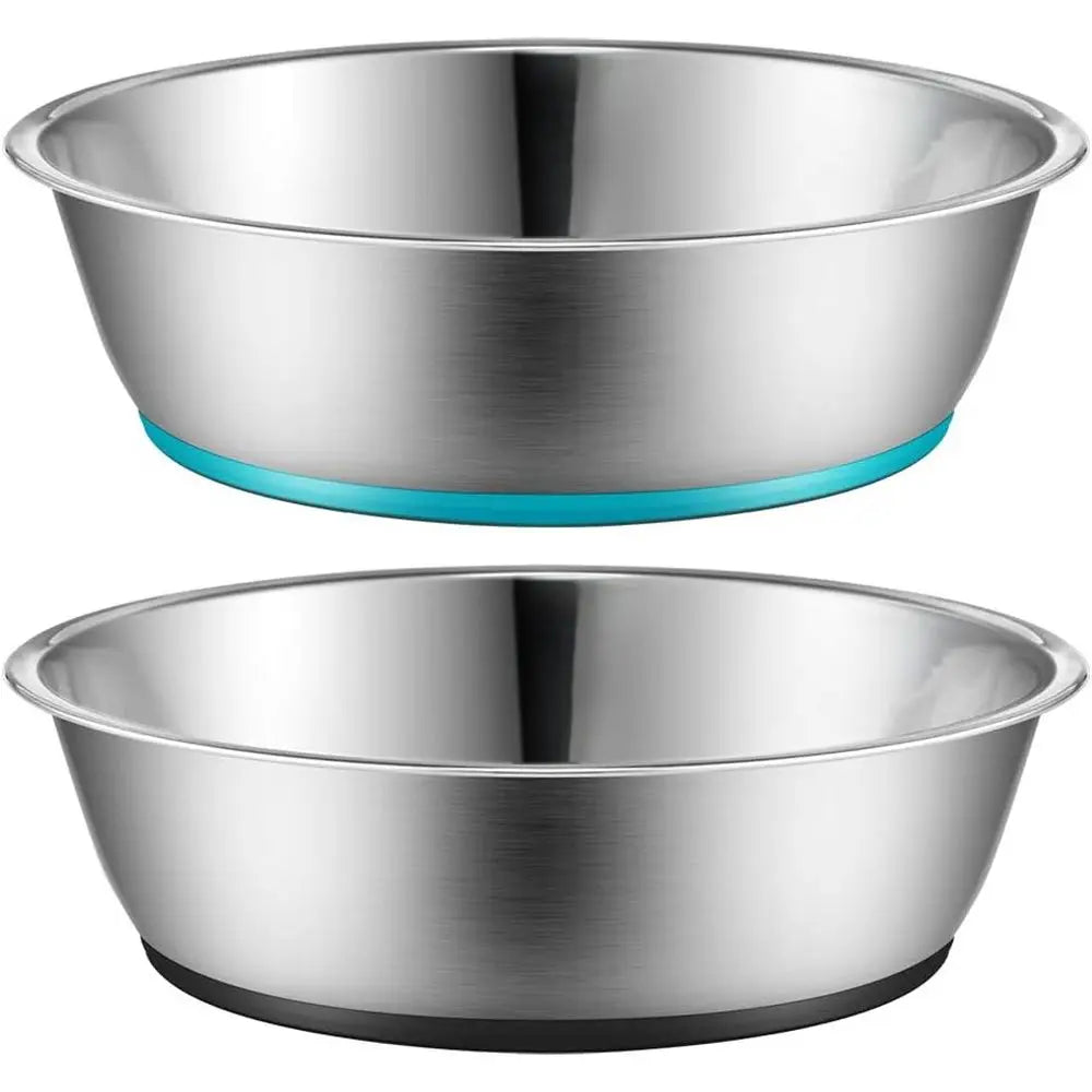 Two stainless steel pet bowls with non-slip bases in blue and black