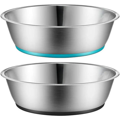 Two stainless steel pet bowls with non-slip bases in blue and black