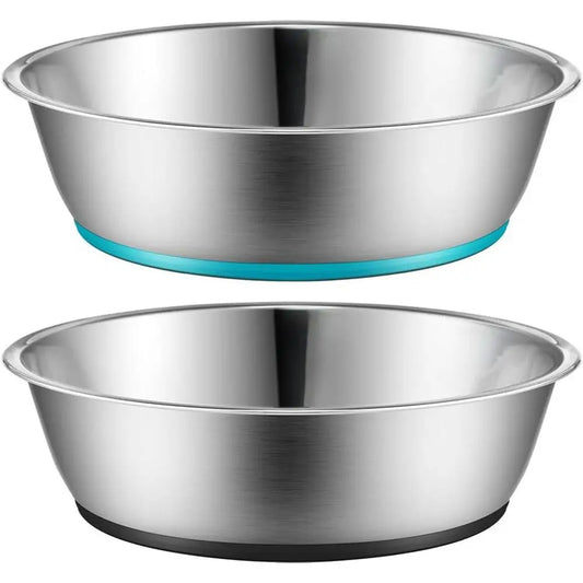 Two stainless steel pet bowls with non-slip bases in blue and black