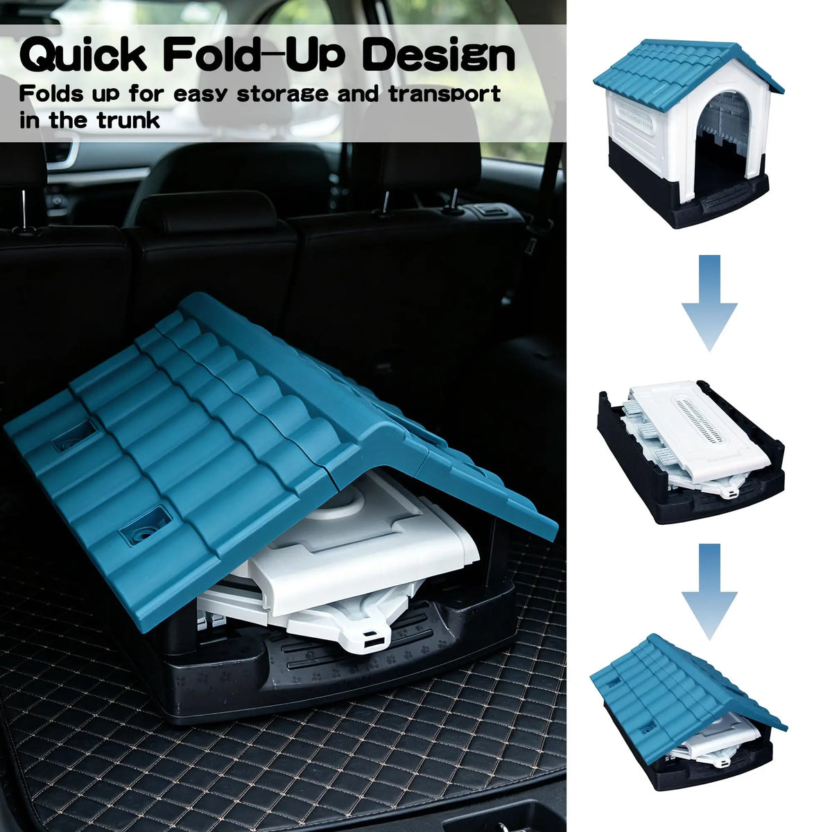 Foldable waterproof dog house showing assembly steps and storage in a car trunk