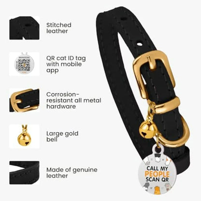 Black & Gold Leather Cat Collar with Removable Bell & QR Tag