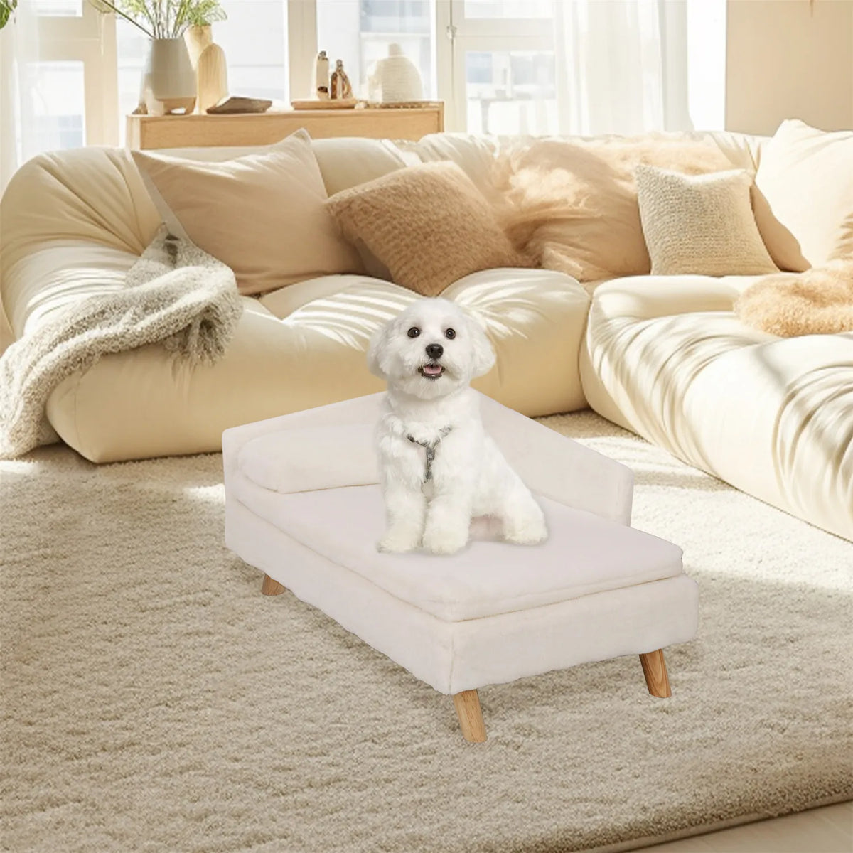 Small white dog sitting on a Nordic elevated pet sofa bed with wood legs