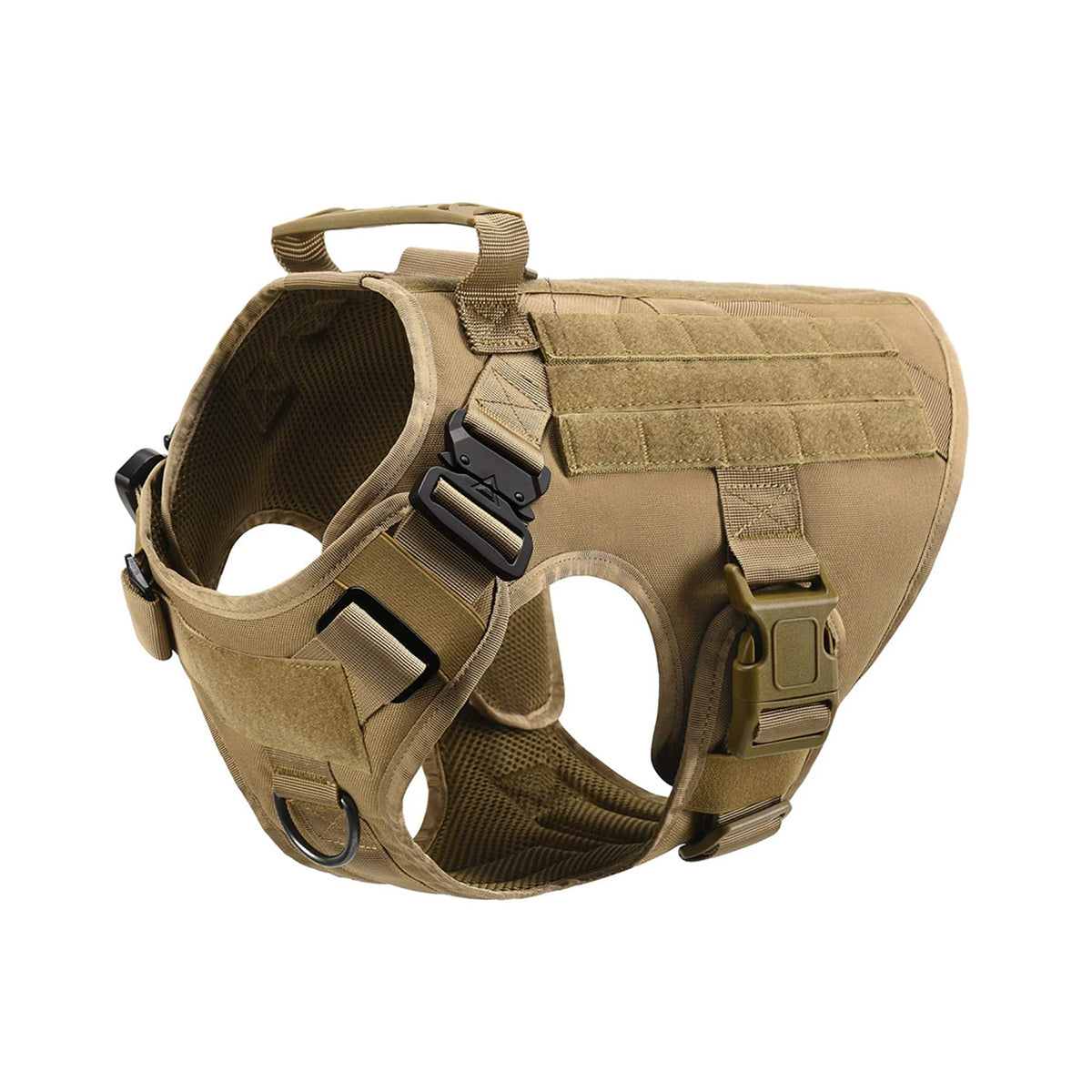 Tan tactical dog harness with adjustable straps and metal buckles